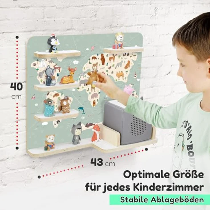 stadtecken Holzregal für Musikbox I Geeignet für die Toniebox und ca. 35 Tonies I Perfekte Tonie Aufbewahrung im Kinderzimmer I Zum Aufstellen oder Aufhängen I Atlas, mit schmalen Boden – Bild 3