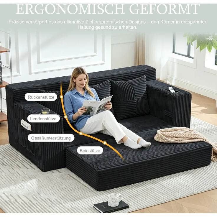 EINHOM Dreier-Sofa aus Baumwoll- und Leinenstoff, mit Getränkehalter und seitlichen Taschen, kann in drei Sitzplätze umgewandelt werden, rahmenloser Design mit gestrickten Kissen und Rückenlehne, großes Sitz – Bild 4