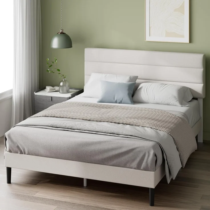 Zinus Piper Bett 180x200 cm - Höhe 30 cm - Gepolstertes Bettgestell mit Kopfteil - Lattenrost aus Holz - Kein Boxspring erforderlich – Creme – Bild 1