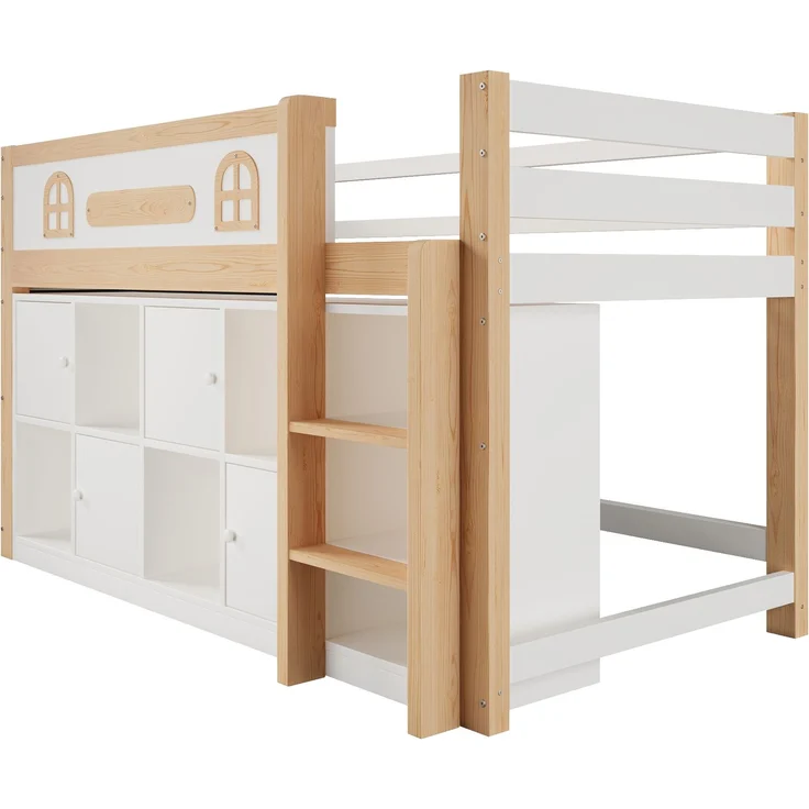 ZUBALIYA Halbhohes Bett, mit Ablagefächern und Leiter und Kreidetafel, Maße 90 x 200 cm, Weiß und Natur, Stockbett, fürs Schlafzimmer, Samt – Bild 10