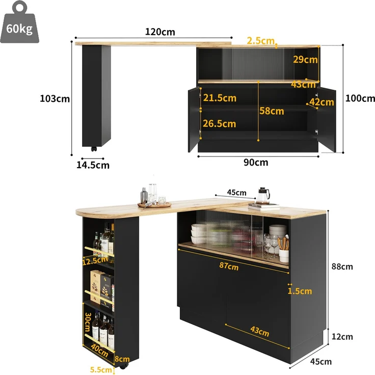 ZUBALIYA Drehbarer Bartisch 90 x 45 cm, für Küche und Essbereich, MDF, Schwarz – Bild 18