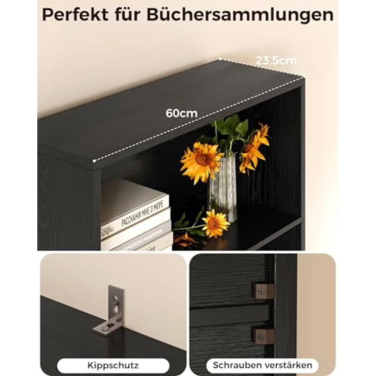 IRONCK Bücherregal mit Türen, Standregal mit 6 Ebenen, Holz Regal mit Türen, Bücherschrank, offenes Aufbewahrungsregal für Arbeitszimmer, Büro, Wohnzimmer, Schlafzimmer 180 x 60 x 23.5 cm (schwarz) – Bild 5