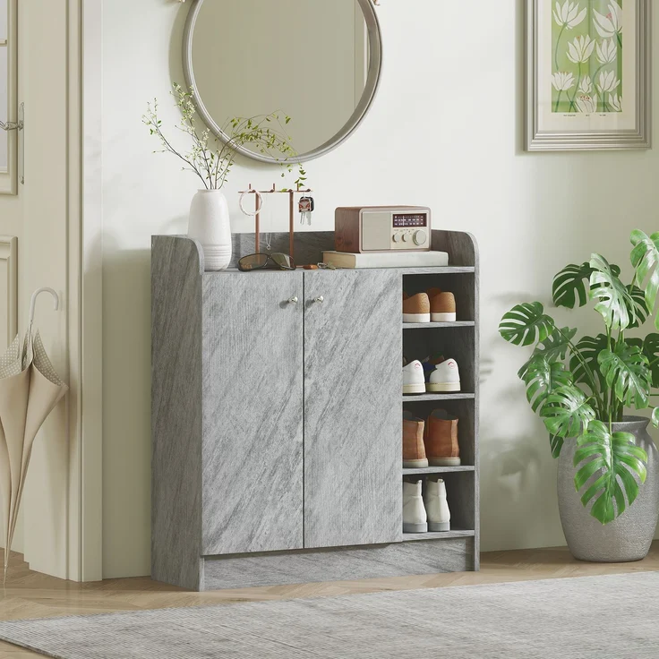 Schuhschrank, Platz für 12 Paar Schuhe, 2 Türen und 4 offene Fächer, für Flur oder Eingangsbereich, Grau--Grau--90x30x83cm--YOUDENOVA – Bild 9