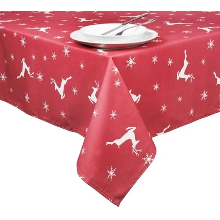 Excelsa Nordic Christmas Weihnachtstischdecke Rentiere und Schneeflocken, rot, 140x180 cm – Bild 2