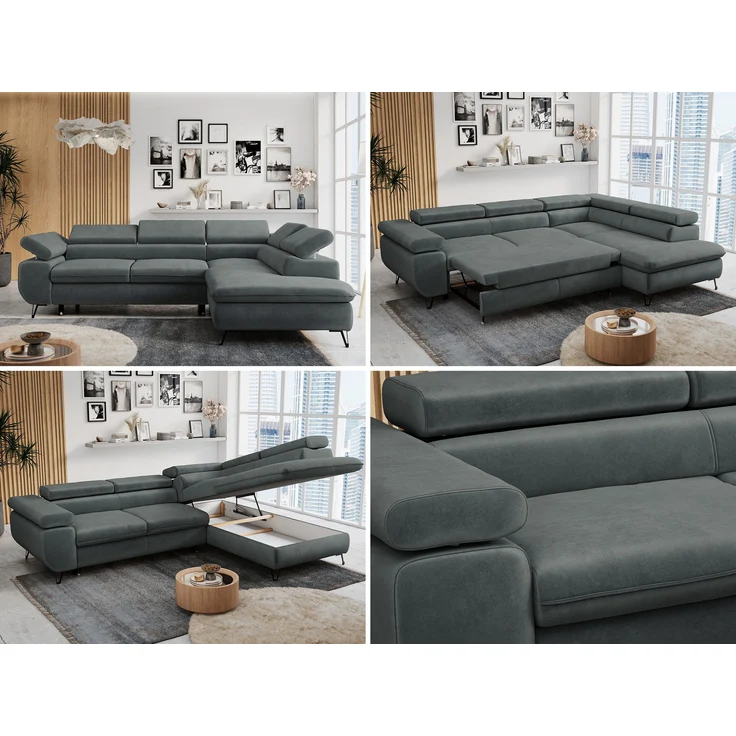 Mks Möbel 'Peter L-form' Ecksofa mit Bettfunktion, Bettkasten & einstellbaren Kopfstützen, Dunkelgrau, Mikrofaser, rechts – Bild 2