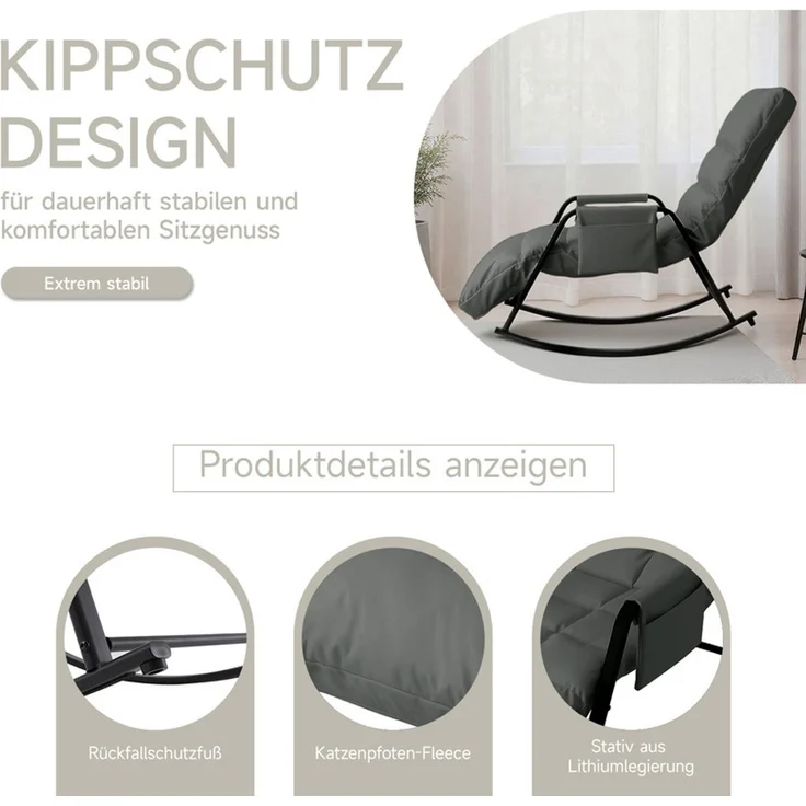 Home Nature Wohnkonzept Schaukelstuhl mit 5-fach verstellbarer Rückenlehne, Ergonomischer Relaxsessel, Lesesessel bis 160 kg, 104×56×93,5 cm, Kunstleder Grau – Bild 6