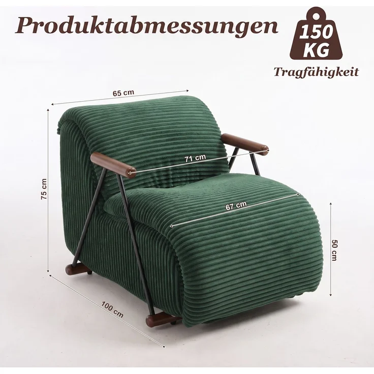 LVHOM Relaxsessel mit Lattenrost, ergonomischer Fernsehsessel, gepolsterter Loungesessel mit Armlehnen, XXL Lesesessel für Wohn- und Schlafzimmer, Cord Grün – Bild 6