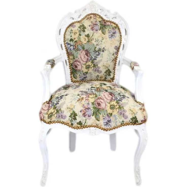 Casa Padrino Barock Esszimmer Stuhl mit Armlehnen Blumenmuster / Antik Weiß
