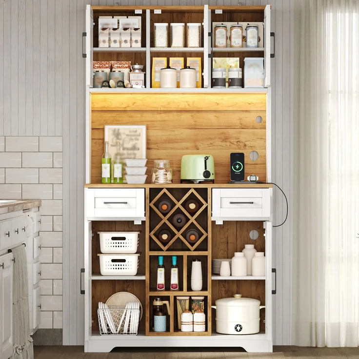 Küchenschrank, hoher Stauraumschrank mit LED-Beleuchtung, Vorratsschrank mit Weinregalen, Weinschrank & Vitrinenschrank für Wohnzimmer und Esszimmer, 180 × 105 × 40 cm--Natur + Weiß2--105x40x180cm--YOUDENOVA – Bild 5
