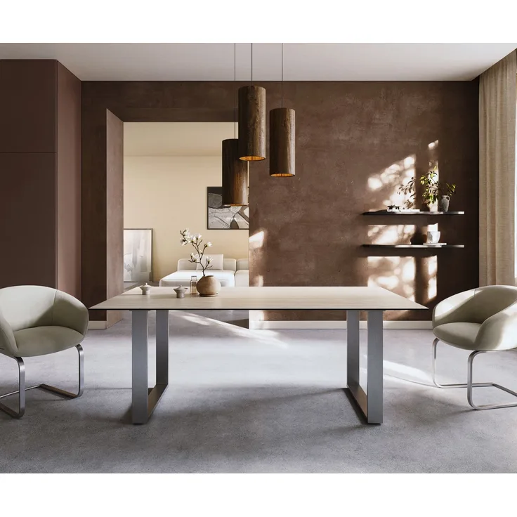 Esstisch Edge 200x100 Keramik Laminam® Travertino Bianco Creme-Weiß Edelstahl Schmal