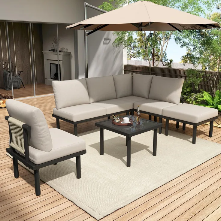 Merax 'Rope Modular' Gartenlounge-Set für 6 Personen, Seilgeflecht & Glas beige