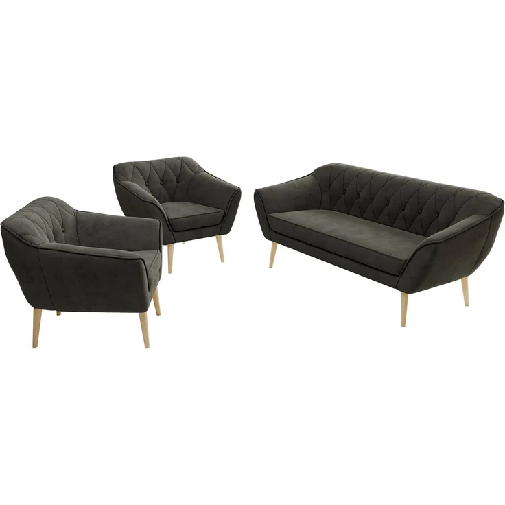 Wohnzimmerset PIRS 1-1-3, Skandinavisches 3-Sitzer Sofa mit Sesseln, Sofa mit Wellenfederung, Buche Füße, Skandinavisches Möbelset - Dunkelgrau Velvet – Bild 8