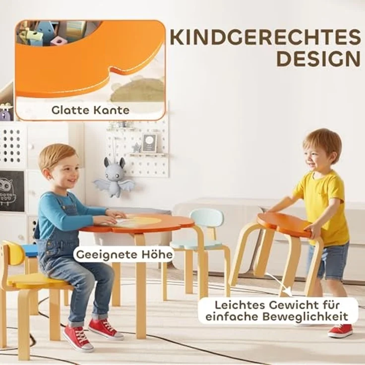 AIYAPLAY Kindersitzgruppe für Kinder von 3 bis 8 Jahren, (Kindermöbel, 5-tlg, 5-teiliges Set mit Tisch, Stühlen und Hockern), Blumenform, Mehrfarbig – Bild 6