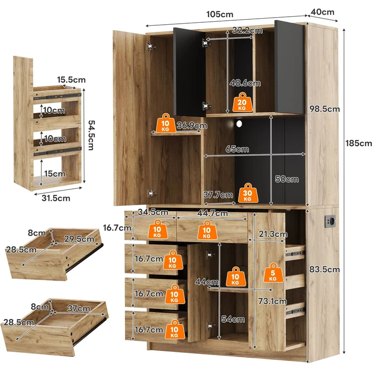 ZUBALIYA Küchenschrank 105x40x185 cm, mit LED-Beleuchtung, mit Steckdosen, mit verstellbaren Einlegeböden, aus MDF, Schwarz / Natur – Bild 8