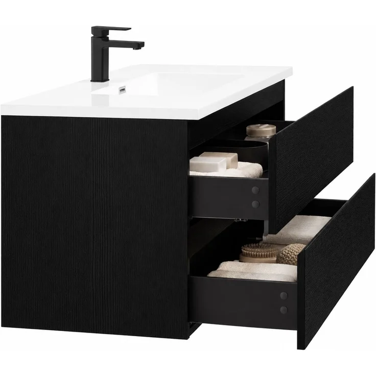 Badplaats Badmöbel Set mit Waschbecken und Unterschrank Angela 100 x 48 cm Schwarz Holz - Waschbeckenunterschrank mit Soft-Close und Waschbecken, Vorgemontiert – Bild 2