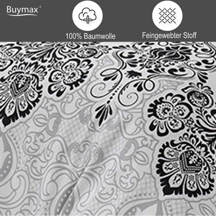 Buymax Bettwäsche Wendebettwäsche, Bettbezug-Set, Renforcé 100% Baumwolle, 3 teilig, 200x220 cm, elegant, mit Reißverschluss, Barock, Weiß, Grau – Bild 3