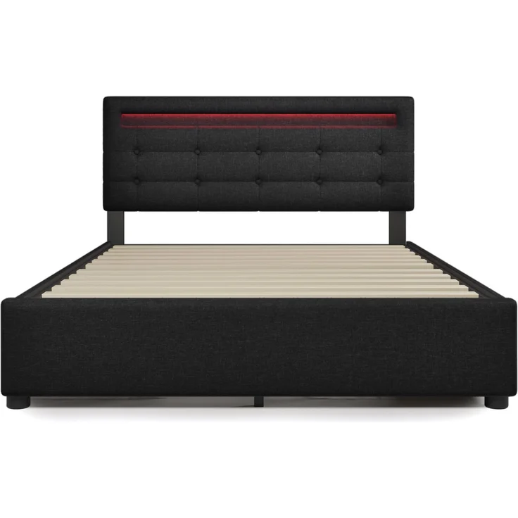 Einzelbett 140 × 200 cm mit LED-Beleuchtung, verstellbarem Kopfteil, 4 Schubladen, Leinenbezug in Schwarz, modernes Design,inklusive Matratze – Bild 10