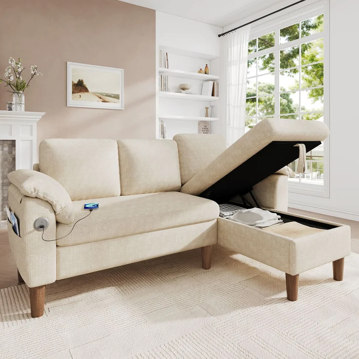 Merax L-förmiges Ecksofa, 3-Sitzer Sofa mit Stauraum-Chaiselongue, links/rechts montierbar, USB/Type-C-Ladeanschluss, Seitentasche, 2 halbfeste Armlehnenkissen, Chenille Stoff, Beige – Bild 1