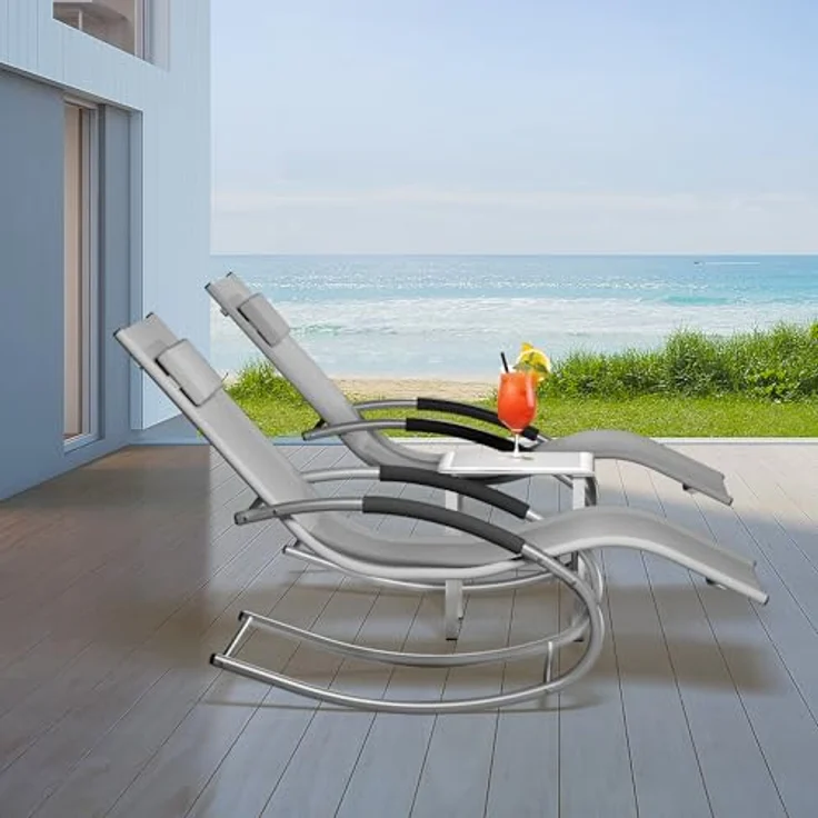 GarveeHome 3-Teiliges Outdoor-Lounge-Set Mit 2 Liegen Und 1 Couchtisch, Textilene-Schaukelstuhl Mit Gebogenem Metallrahmen, Liegestuhl Mit Kissen, Für Poolbereich, Terrasse Und Garten – Bild 3