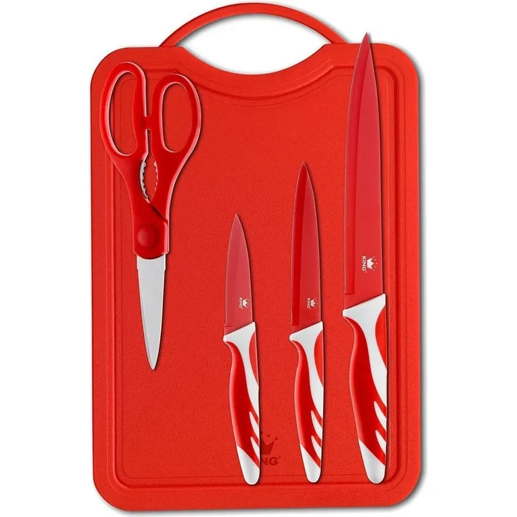 KING Topf-Set Aluguss Red, Aluminiumguss (Set, 15-tlg, 4Töpfe,3 Deckel,1 Messerblock,5 Kochmesser,Messer-Set + Schneidebrett), Induktion