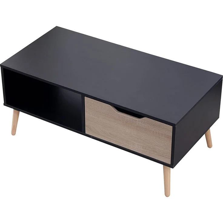 Happy Garden Couchtisch mit Schublade, skandinavischer Stil, schwarz, Freja. Wohnzimmertisch aus Holz mit Stauraum, rechteckiger Tisch mit Holzbeinen.