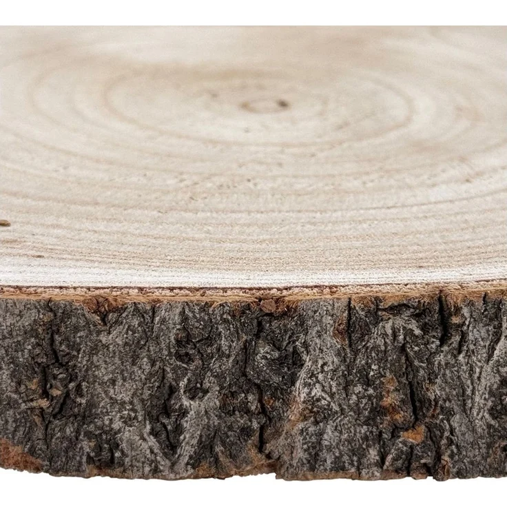 Online-Fuchs Dekotablett - Holzscheibe rund, Baumscheiben Tisch Deko natur - 30 cm Durchmesser (Paulownia Holz, ideal für saisonale Arrangements), natürliche Maserung mit einem rustikalem Rindenrand – Bild 4