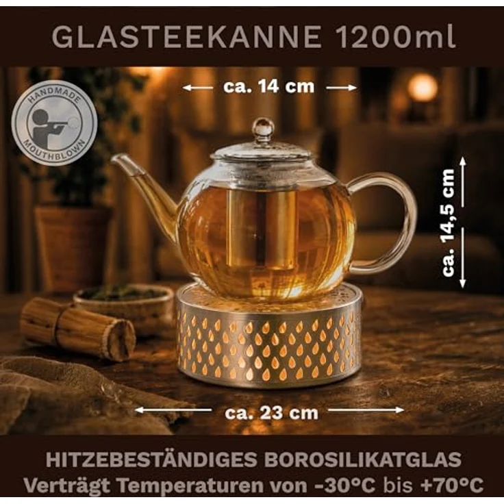 Creano Teekanne Creano Teekanne aus Glas 1,2l + ein Stövchen aus Edelstahl, 3-teilige, (Set, 4-St) – Bild 7