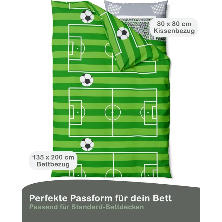 LINKHOFF Kinderbettwäsche Fußball-Bettwäsche 135x200 cm – aus 100% Baumwolle für Kinder in Grün, Kinder Bettwäsche Fußballfan für Jungen u. Mädchen – Bild 2