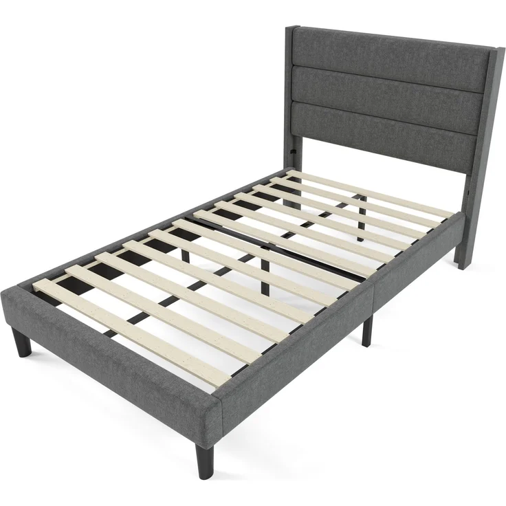 Polsterbett 90x200 cm mit Lattenrost und gepolstertem Kopfteil, Leinenbezug in Grau, zeitloses modernes Design, Jugendbett – Bild 9