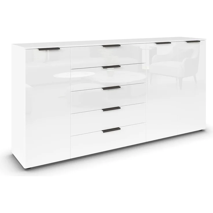 Rauch Möbel Flipp, Kombikommode, Kommode mit Stauraum für Wohnzimmer, Schlafzimmer, Flur, 4 Fachböden, Alpinweiß/Glasfront Weiß, 3-türig, Glastüren, 5 Schubkästen, Griffe graphit, 199 x 100 x 42 cm – Bild 1