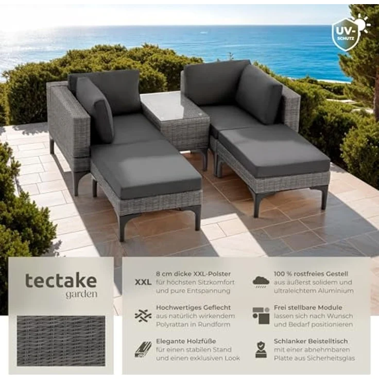 tectake Loungeset Rattan Lounge, (Set, 5-tlg), Stabiles Gestell aus leichtem und rostfreiem Aluminium – Bild 2