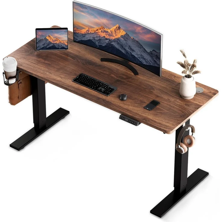 HOMAVO höhenverstellbarer Schreibtisch 60×120 cm, mit Memory- und Anti-Kollisionsfunktion, USB-A- und USB-C-Anschlüssen, Höhe 70–120 cm, Nussbaum – Bild 1