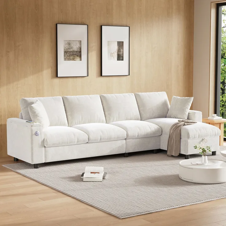 EINHOM Chenille-Stoffsofa, L-förmige Ecke und zwei Armlehnen mit Stauraum. Ausklappbarer Couchtisch mit zwei Getränkehaltern, 1 USB und 1 Typ-C. L-förmiger Teil kann links oder rechts platziert werden. Beige
