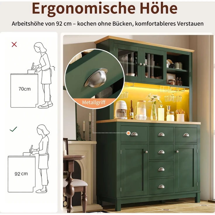 EINHOM Seitenboard / Aufbewahrungsschrank / Küchenschrank / Buffetschrank, 104 x 40 x 180 cm, Landhausstil, 4 Türen, mit LED-Lichtleiste & Getränkehaltern, Grün/Weiß, Grün – Bild 7