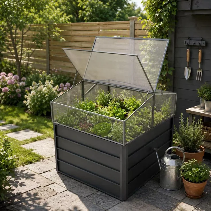 Anzuchtkasten mit Frühbeetaufsatz 108 × 110 × 104/152 cm – Hochbeet mit Polycarbonatdeckel – Bild 2