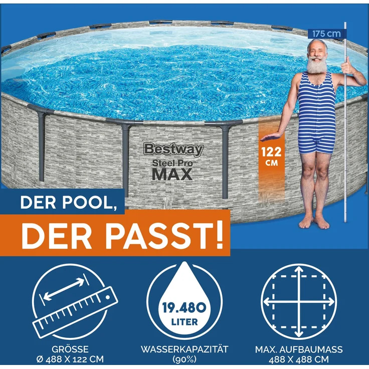 Bestway® Steel Pro MAX™ Ersatz Frame Pool ohne Zubehör Ø 488 x 122 cm, Steinwand-Optik (Cremegrau), rund, Steinoptik – Bild 3