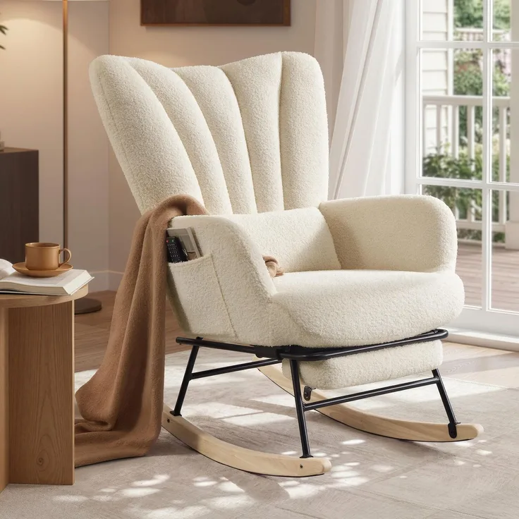SONGMICS Schaukelstuhl, Relaxsessel, ausziehbare Fußstütze, Schaukelsessel, abnehmbares Kissen, Seitentaschen, Holzbeine, Fleece, für Schlafzimmer, Wohnzimmer, cremeweiß LYY018W101