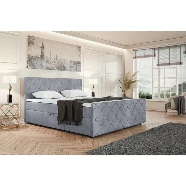 MEBLINI Boxspringbett HENRY 180x200cm - H3B/Grau Samt - mit Bettkasten - Polsterbett - Doppelbett mit Topper & Bonellfederkern-Matratze
