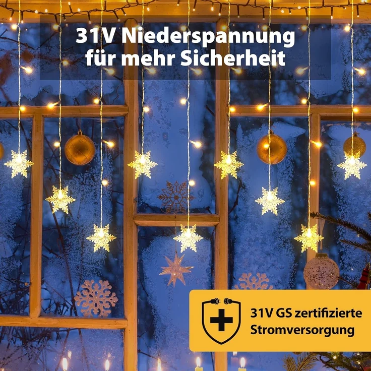 SALCAR 108er LED Schneeflocke Lichtervorhang Innen, 3M 18er Schneeflocken Lichterkette Außen, LED Weihnachtsdeko Fenster mit 9 Modi und Speicherfunktion, Warmweiß – Bild 4