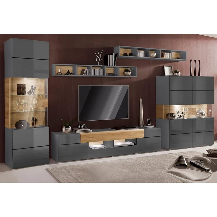 INOSIGN Wohnwand Toledo,Breite 391cm stilvolle Mediawand ohne Beleuchtung, (Set, 5-St), Anbauwand(Vitrine,Lowboard,Highboard,2xHängeregal)MDF Hochglanzfronten – Bild 4