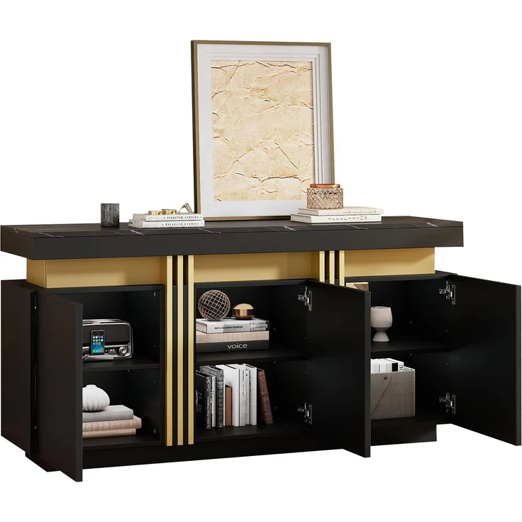 ZUBALIYA Sideboard 140x38x70 cm, mit 3 Türen, aus Spanplatte, Schwarz – Bild 6