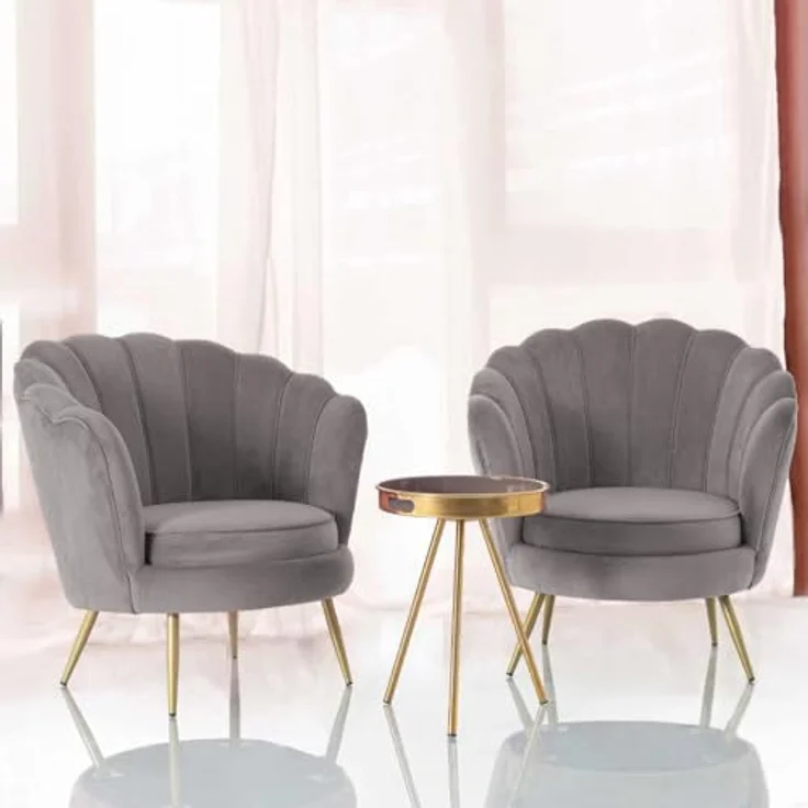GARDENIA Sessel mit Muschel-Rückenlehne, gepolstert, mit verchromten Beinen, ideal für Wohnzimmer, Schlafzimmer und Büro, Sessel aus Samt, Hellgrau, 77 x 79 x H77 cm Athen XL – Bild 2