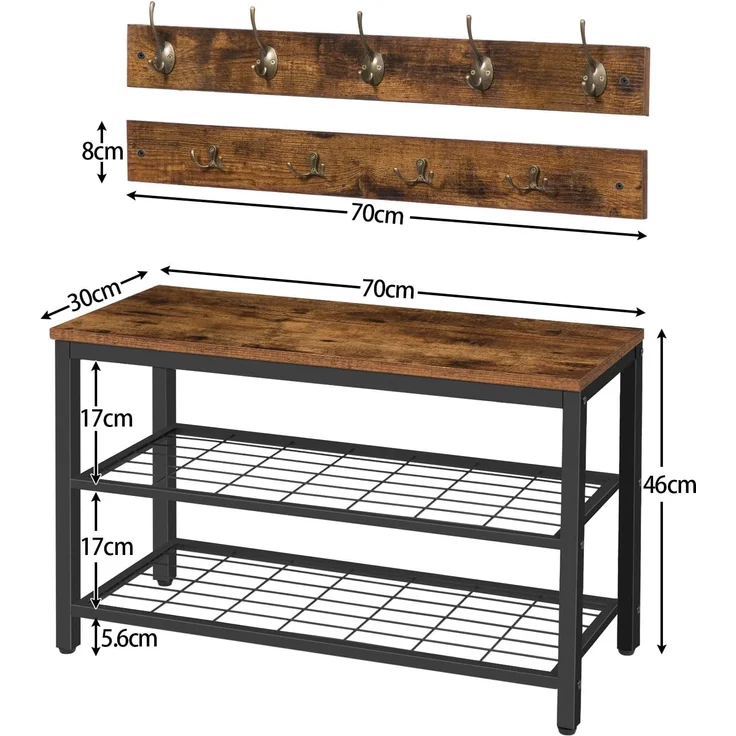 HOOBRO Garderobe Schuhregal Set, Schuhbank mit Sitzfläche, Garderobenständer, Wandgarderobe mit 9 Haken, Flurgarderobe, für Flur, Eingangsbereich, Industrielles, Dunkelbraun-Schwarz EBF07MT01 – Bild 5