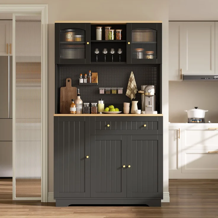 Vitrinenschrank mit Tür, Küchenschrank, Hochschrank, verstellbaren Einlegeböden, Lochblech,Schwarz , 103.5× 40 × 180 cm--Schwarz--103.5x40x180cm--YOUDENOVA – Bild 7