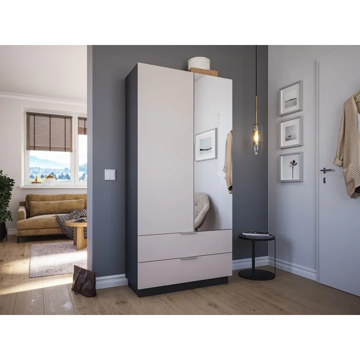Mehrzweckschrank Castello-L Spiegeltür 2 Softeinzüge 30 Paar Creme-Grafit : Creme / Grafit