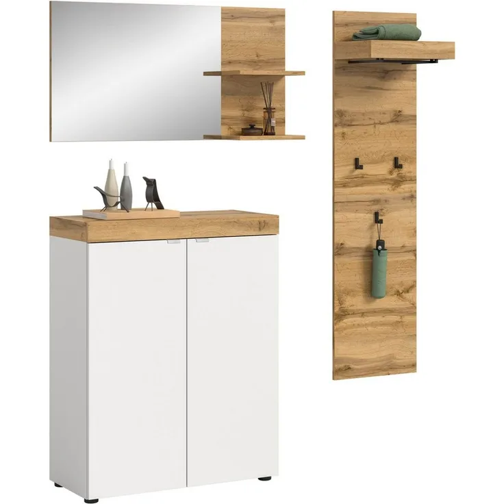OTTO home Garderoben-Set MAMBO II, 3-teilig, hängend oder stehend montierbar, (3-St, bestehend aus: Schuhschrank, Spiegel & Garderobenpaneel), Garderoben-Kombi, Garderobe, Flur, Diele