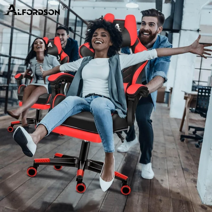 ALFORDSON Gaming-Bürostuhl mit Fußstütze und Lendenkissen, Rot – Bild 2