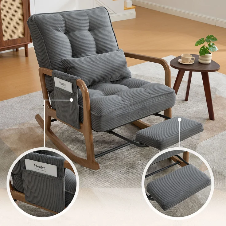 LVHOM Schaukelstuhl mit ausziehbarer Fußstütze, Relaxsessel mit verstellbare Rückenlehne, Loungesessel mit Seitentasche, bis 150 kg belastbar, Grau – Bild 5