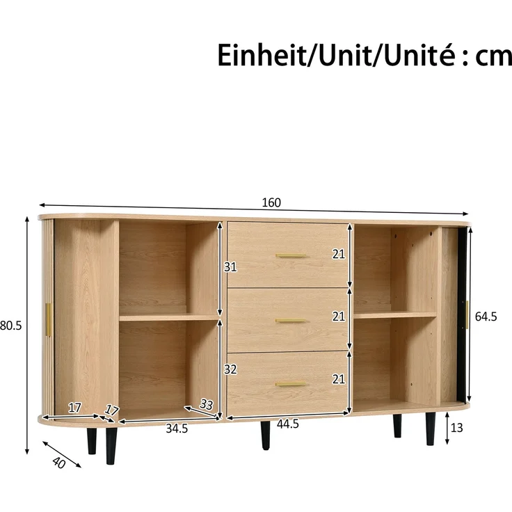 Merax Sideboard mit drei Schubladen mittig und Schiebetüren an den Seiten, gebogenes Design mit vertikaler Rillenverkleidung, Metallgriffe, Rohr-Eisenfüße, Aufbewahrungsschrank, Natur – Bild 4