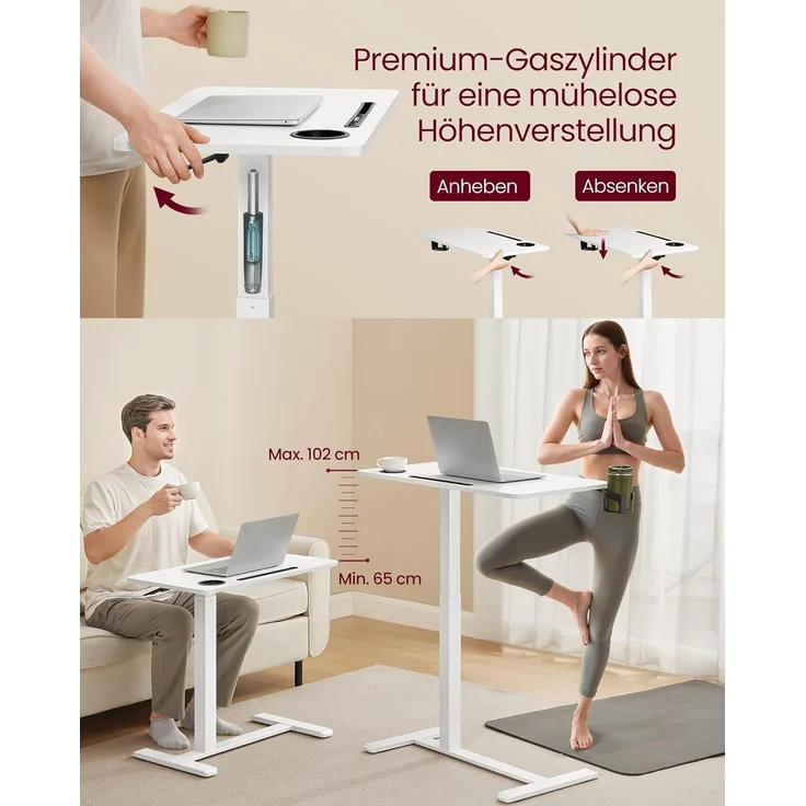 VASAGLE Beistelltisch mit Rollen, mobiler Stehtisch, 80 x 45 cm große Tischplatte, verstellbare Höhe, 2 Getränkehalter, Schlitz für Handy oder Tablet, wolkenweiß – Bild 4